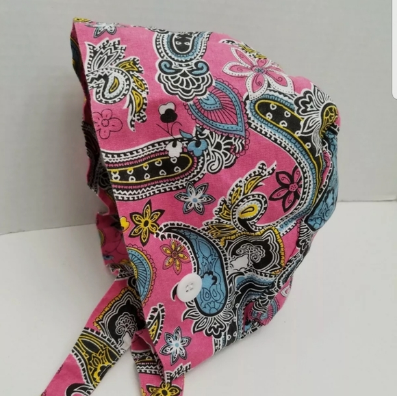 Pink Paisley Ponytail Scrub Cap Ear Saver Buttons - Picture 2 of 8